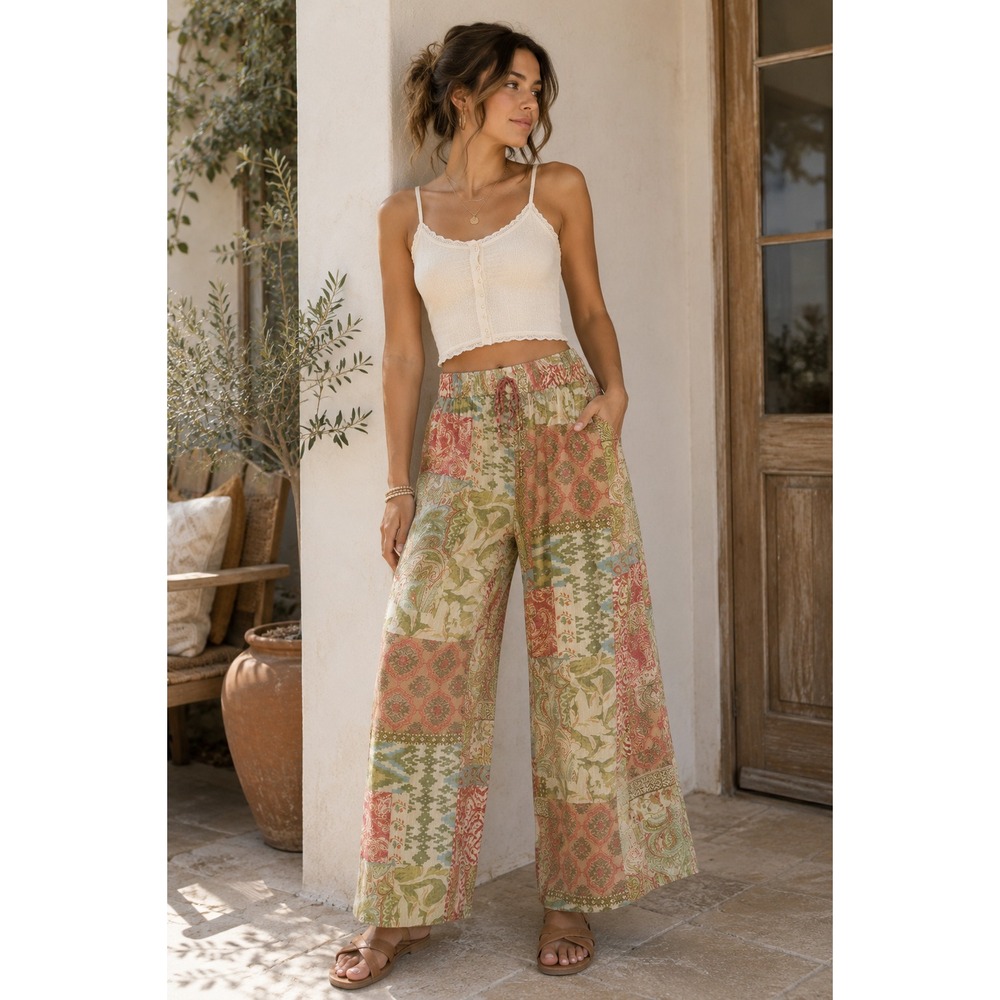 Mlle Gabrielle Wide Leg Palazzo Pants Gauzy Womens XL Multi Floral Patchwork